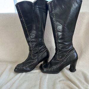 John Fluevog Unity Hi Borden Black Leather Heeled Boots, White Stitching Heart